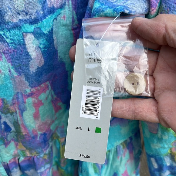NWT Ali Miles Button Front Linen Blend Floral Top Size Lg, turquoise, blue, pink - Picture 8 of 9